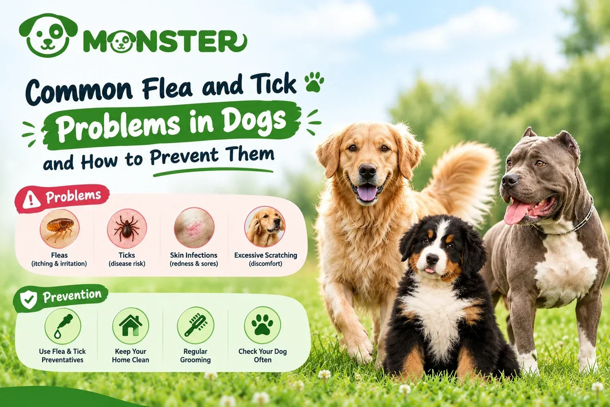 Common flea and tick problems in dogs and prevention tips, featuring dogs outdoors.