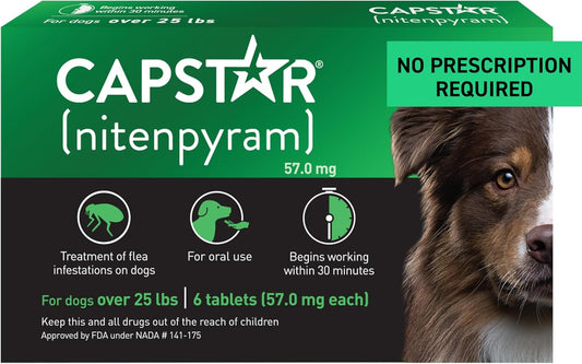 Capstar for Dogs (nitenpyram), Fast-Acting Oral Flea Treatment for Dogs Over 25+ lbs, Vet-Recommended Flea Medication Tablets Start Killing in 30 Minutes, 6 Doses