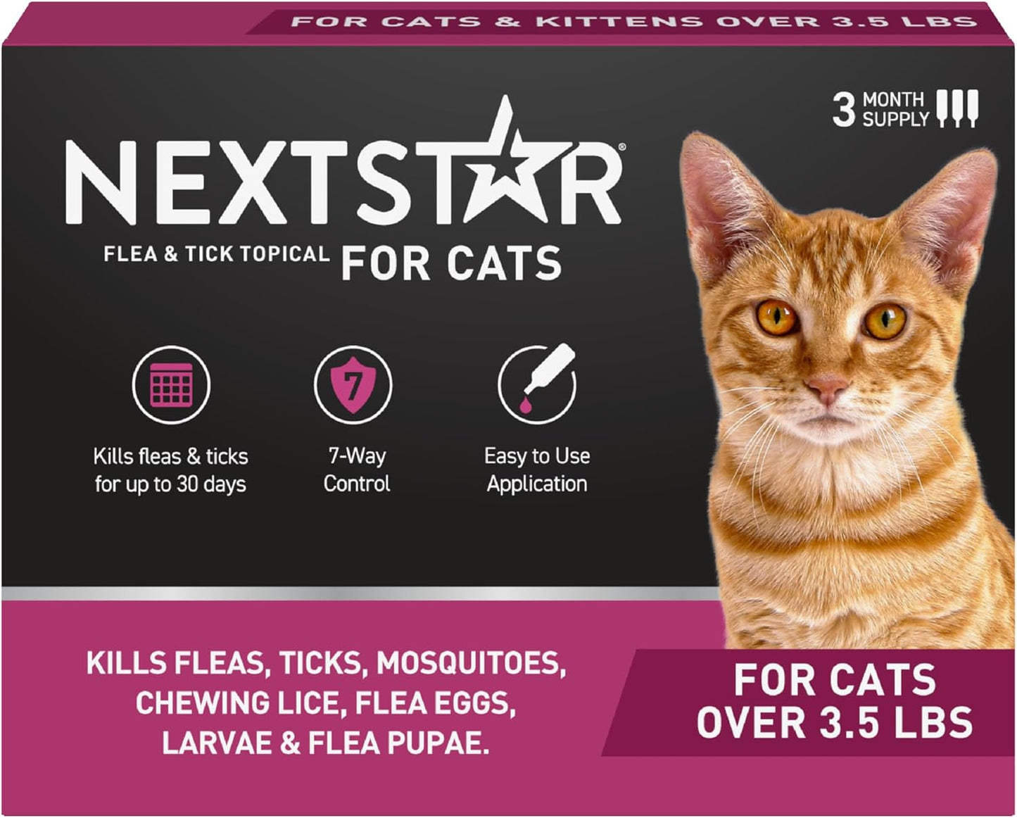 NEXTSTAR Flea and Tick Prevention for Cats, Repellent and Control, Fast Acting Waterproof Topical Drops, Flea Prevention for Cats Over 3.5 lbs, 3 Monthly Doses