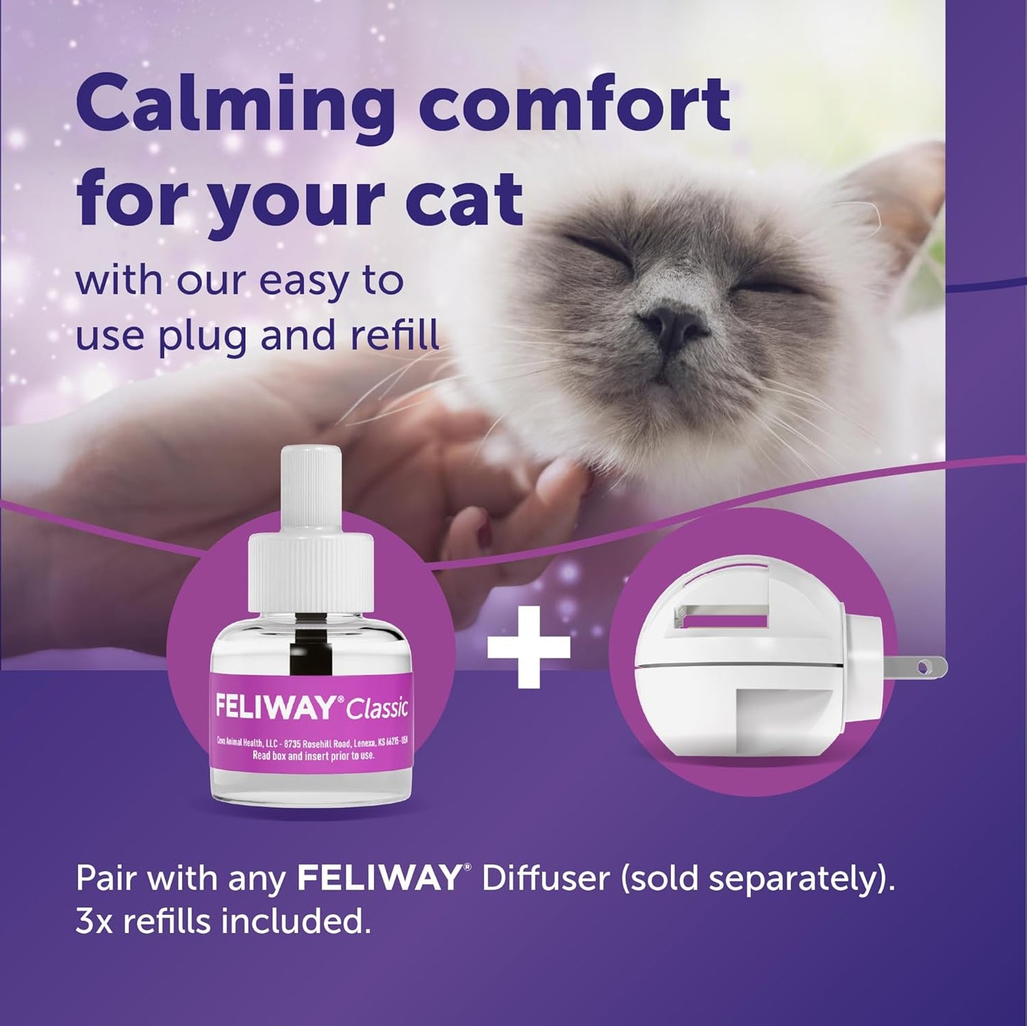 FELIWAY® Classic 3 x 30 Day Cat Calming Refills for Pheromone Diffuser, 3 x 48ml Value Pack - Helps Reduce Common Signs of Stress in Cats & Kittens, Enhanced Calming