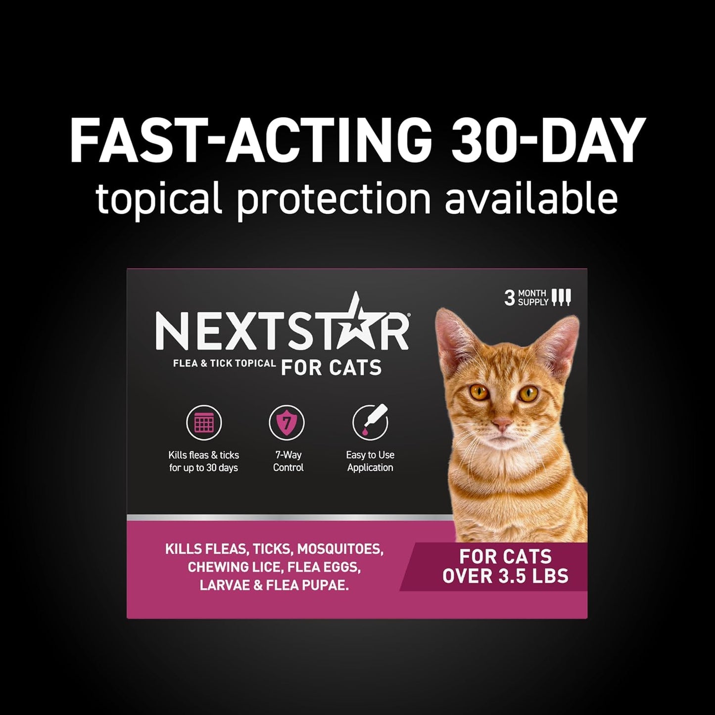 NEXTSTAR Flea and Tick Prevention for Cats, Repellent and Control, Fast Acting Waterproof Topical Drops, Flea Prevention for Cats Over 3.5 lbs, 3 Monthly Doses