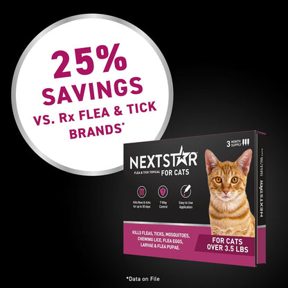 NEXTSTAR Flea and Tick Prevention for Cats, Repellent and Control, Fast Acting Waterproof Topical Drops, Flea Prevention for Cats Over 3.5 lbs, 3 Monthly Doses