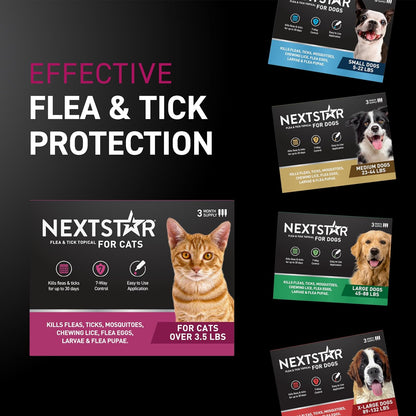 NEXTSTAR Flea and Tick Prevention for Cats, Repellent and Control, Fast Acting Waterproof Topical Drops, Flea Prevention for Cats Over 3.5 lbs, 3 Monthly Doses