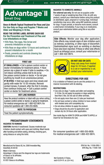 Advantage II Small Dog Vet-Recommended Flea Treatment & Prevention | Dogs 3-10 lbs. | 6-Month Supply