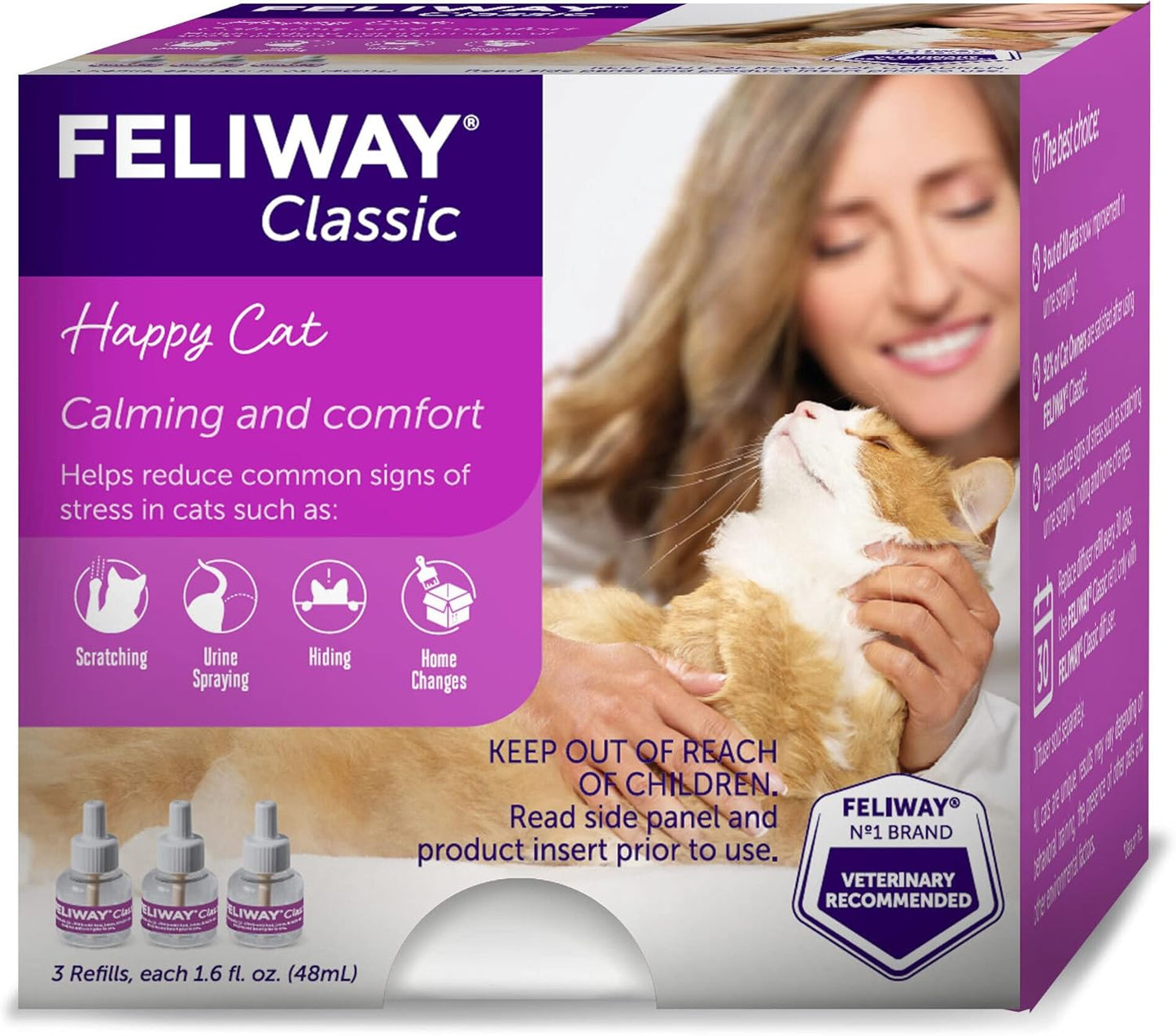 FELIWAY® Classic 3 x 30 Day Cat Calming Refills for Pheromone Diffuser, 3 x 48ml Value Pack - Helps Reduce Common Signs of Stress in Cats & Kittens, Enhanced Calming