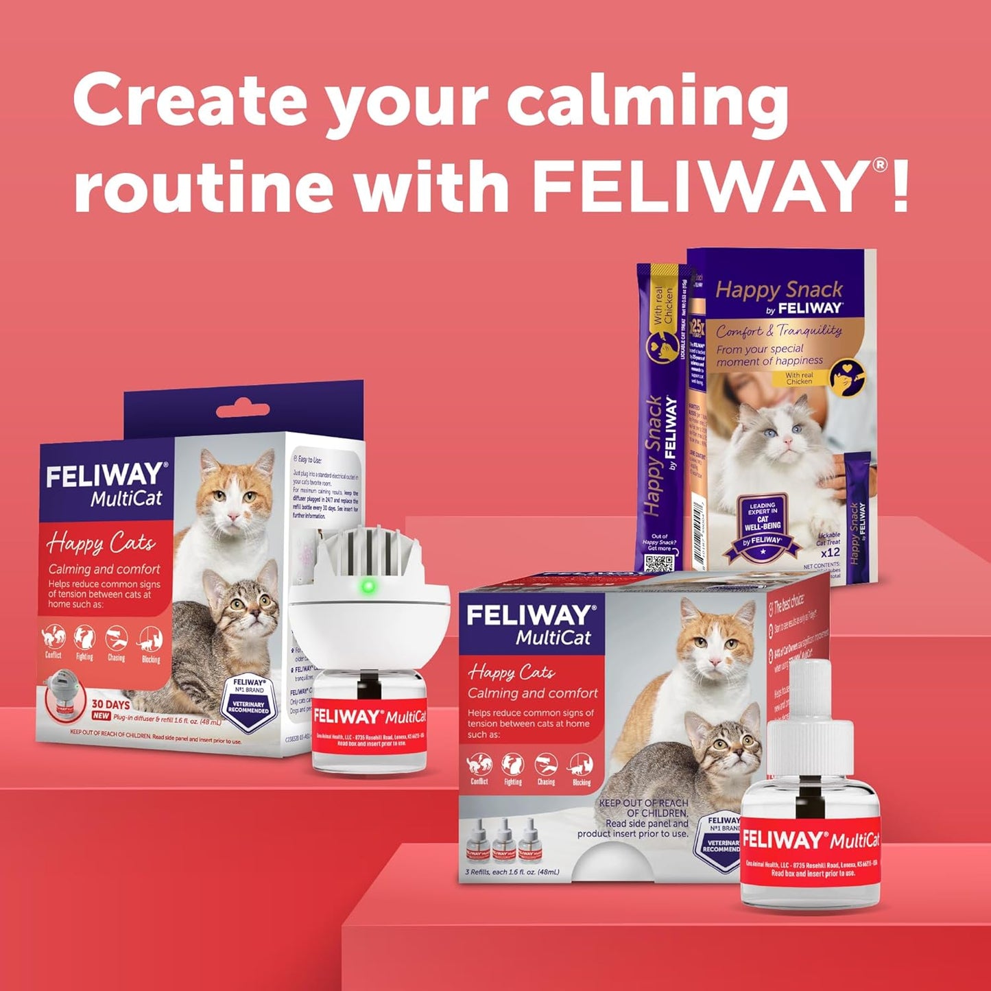 FELIWAY® MultiCat 3 x 30 Day Cat Calming Refills for Pheromone Diffuser, 3 x 48ml Value Pack- Helps Reduce Conflicts and Signs of Tension in Multi-Cat Households