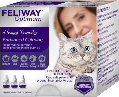 FELIWAY® Optimum 3 x 30 Day Cat Calming Refills for Pheromone Diffuser, 3 x 48ml Value Pack - Helps Reduce Common Signs of Stress in Cats & Kittens, Enhanced Calming
