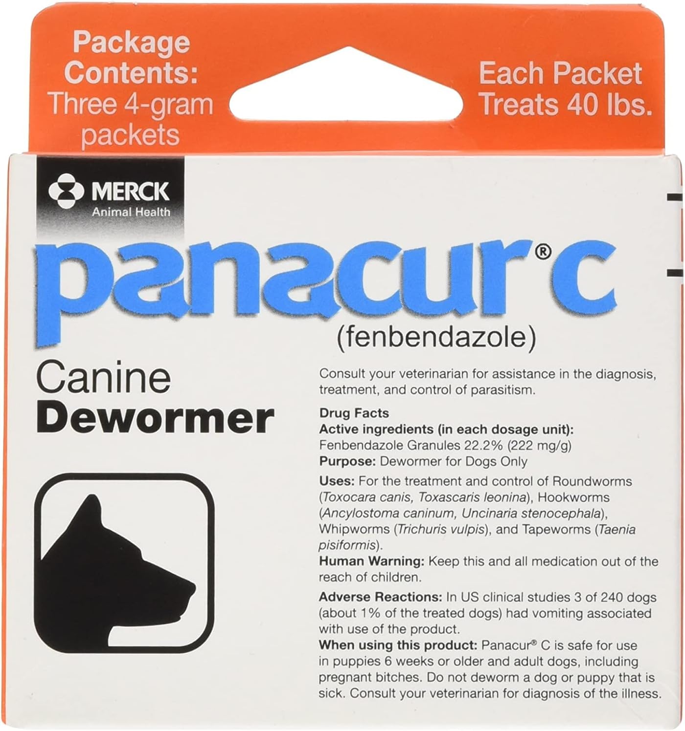 Panacur C Canine Dewormer for Dogs 4g 3 Pack Fenbendazole Worm Treatment Up to 40 lbs